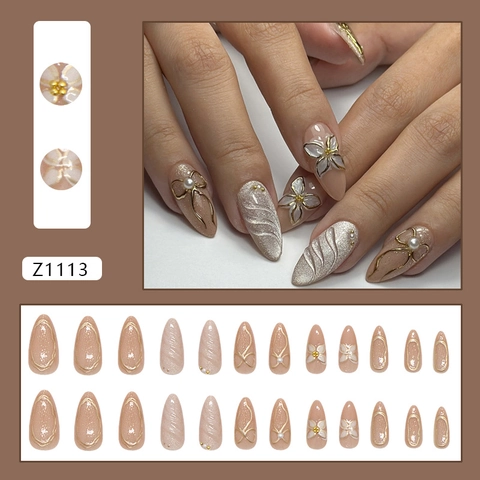 ABS Kunstnagels 3D Bloemen Kunstparel Boog Gouden Rand Nude Roze Amandelvorm Franse Stijl Elegante Manicure Voor Vrouwen