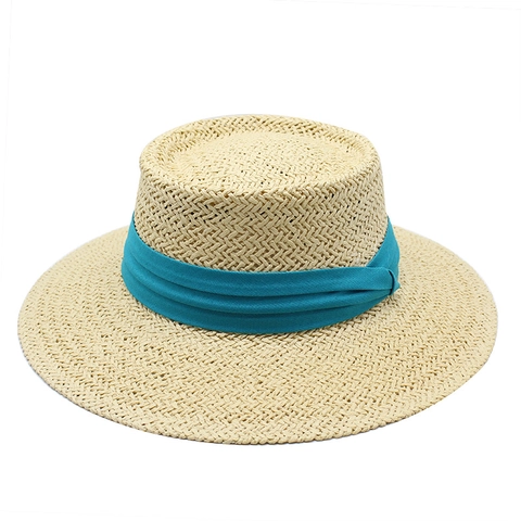 Boater Hat Straw Sun Protection Breathable Flat Top Summer Beach Travel Vacation Classic Ribbon Decor For Men Women