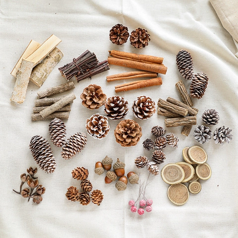 Natural Pinecones Cinnamon Bark Wood Rounds For DIY Christmas Craft Decoration Rustic Nordic Photography Props