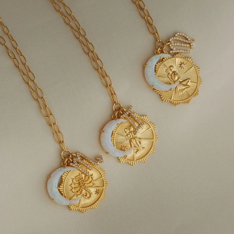 Collana Con Ciondolo Costellazione Zodiacale Rame Zirconi Opale Sintetico Luna Crescente Gioielli Celesti Moda Donna