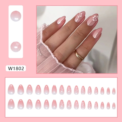 Rosa Blau Farbverlauf French Press On Nails Blumenmuster Mandelform Vollständige Abdeckung Elegante Künstliche Nägel