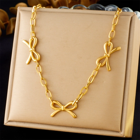 Collana Con Ciondolo A Fiocco Elegante Acciaio Inossidabile Placcato Oro Catena A Croce Gioielli Stile Retrò Semplice Da Donna
