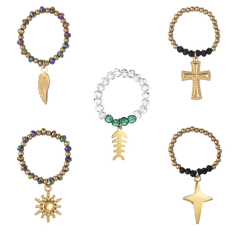 Anello Elastico Con Perline Bohemien Acciaio Inossidabile Perline Cristallo Di Vetro Con Pendente Metallo Geometrico Donna