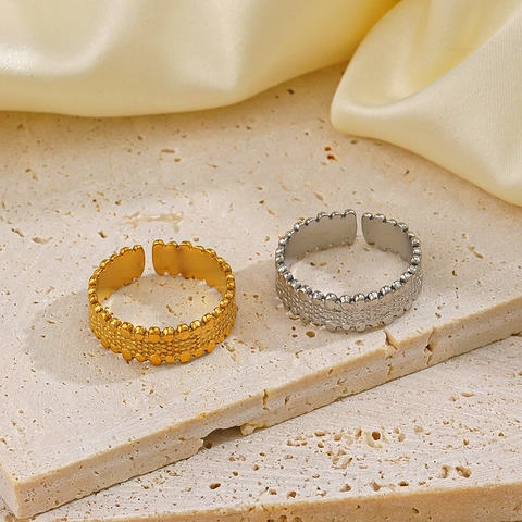 Stainless Steel Geometric Beaded Texture Open Adjustable Ring Gold Plated Minimalist Hip Hop Fashion Jewelry For Women