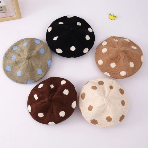 Polka Dot Knit Beret Hat For Toddler Girls Warm Acrylic Winter Beanie Retro Painter Style Kids Cap