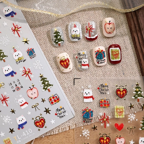 Nail Art Stickers Christmas 3D Embossed Gold Foil Cartoon Bear Tree Snowflake Self Adhesive Festive Manicure Decor