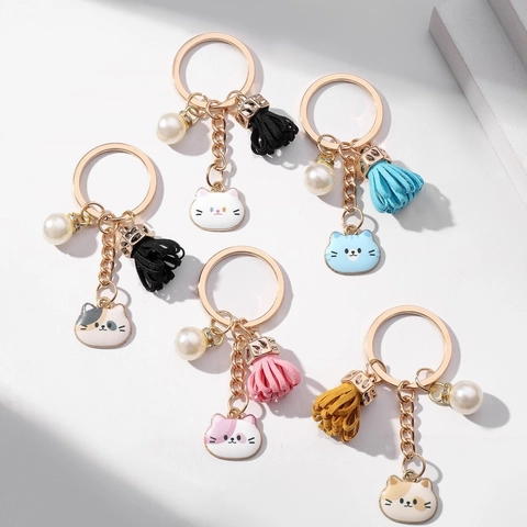 Portachiavi Gatto Cartone Animato Con Nappine in Pelle Ciondolo Perla Artificiale per Donne Ragazze Zaino Borsa Decorazione