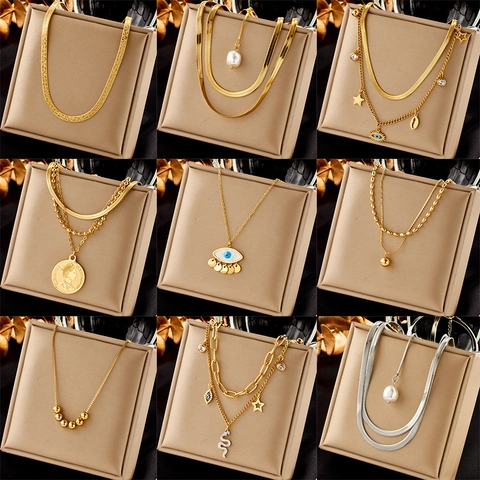 Stainless Steel Necklace For Women Gold Plated Artificial Pearl Evil Eye Star Pendant Double Layer Snake Chain Vintage Fashion Jewelry