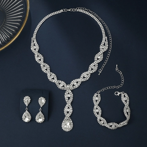 Parure Collana Orecchini Bracciale Lega Strass Elegante Lusso Ciondolo Goccia D'acqua Catena Intrecciata Matrimonio Donna