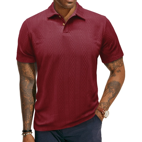 Men Casual Combed Cotton Spandex Short Sleeve Polo Shirt American Retro Solid Color Herringbone Textured Knit Lapel Top For Outdoor Daily Wear
