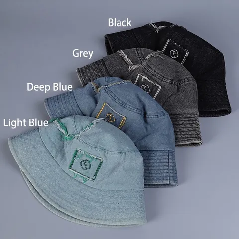 Unisex Denim Bucket Hat With Letter Embroidery Frayed Edges Sun Protection Adjustable Korean Style Streetwear Retro