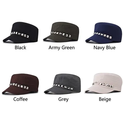 Cadet Cap Cotton Flat Top Military Hat With Square Metal Rivets Adjustable Punk Rock Streetwear Vintage Unisex