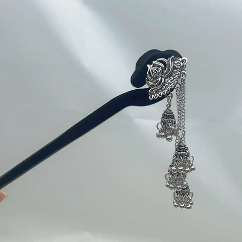 Horquilla De Madera Con Borla De Loto Vintage Palillo De Pelo De Estilo Étnico Clásico Chino Con Campanas De Aleación De Plata