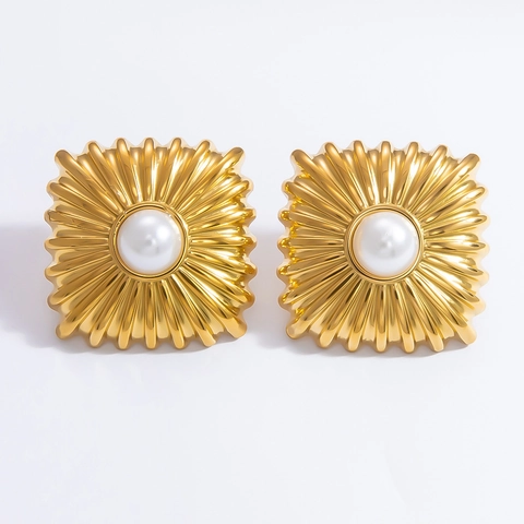 Orecchini a Bottone in Acciaio Inossidabile Placcato Oro 18K Perla Artificiale Strass Geometrici Gioielli per Donna