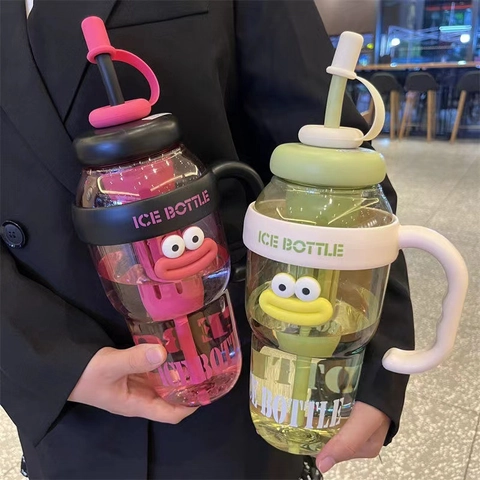 Large Capacity Plastic Water Bottle With Straw And Handle Cute Cartoon Big Mouth Portable Sippy Cup For Outdoor Travel Office