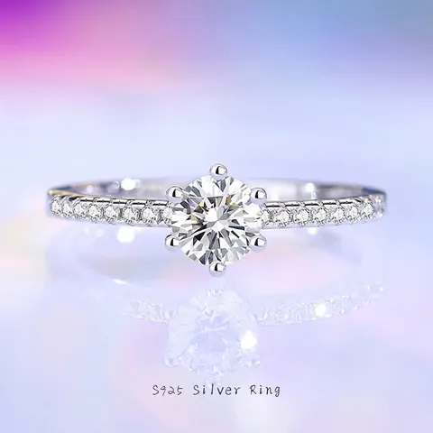 S925 Sterling Silver Moissanite Zirconia Ring For Women Classic Six Claw Round Cut Pave Stone Adjustable Open Ring Jewelry