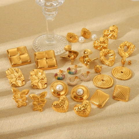 Pendientes Acero Inoxidable Textura Martillada Bañado Oro 18K Corazón Mariposa Estrás Perla Artificial Geométrico Mujer