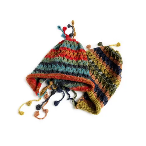 Bohemian Strickmütze Für Damen Herren Winter Warm Ohrenschutz Streifen Pompon Quaste Handgemachte Häkelmütze Ethno-Stil