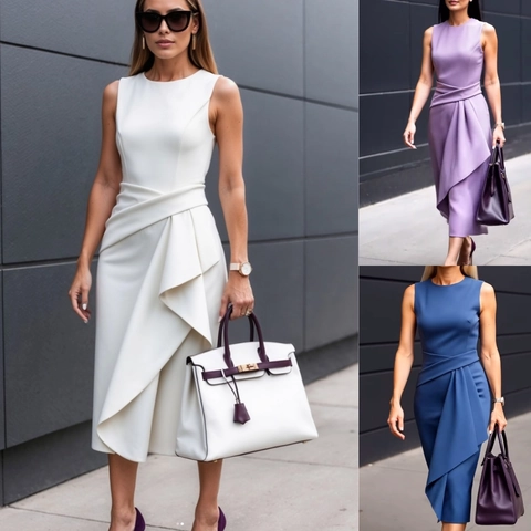 Elegant Sleeveless Round Neck Midi Dress Solid Color Ruched Waist Asymmetric Pleated Slim Fit Polyester Summer Office Women