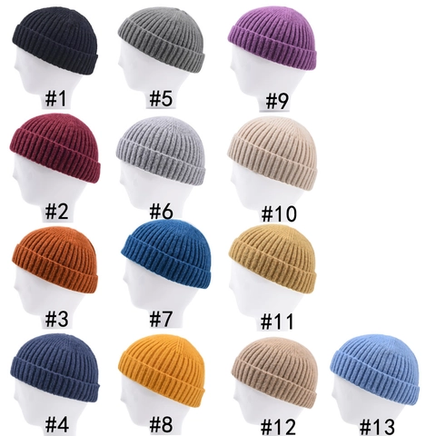 Bonnet Docker en Tricot à Côtes Unisexe Rétro Couleur Unie Bord Roulé Skullcap Beanie Chaud Hiver pour Hommes Femmes