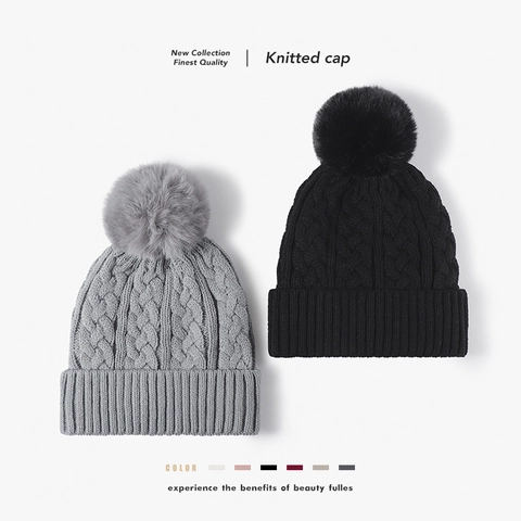 Women's Cable Knit Beanie Hat With Fluffy Pom-Pom Fleece Lined Warm Thick Winter Beanie For Outdoor Travel Skull Cap