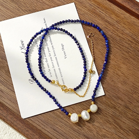 Collier en Perles de Lapis-Lazuli Fait Main Avec Perles Baroques d'Eau Douce Argent Sterling 925 Ras du Cou Bijoux Femme