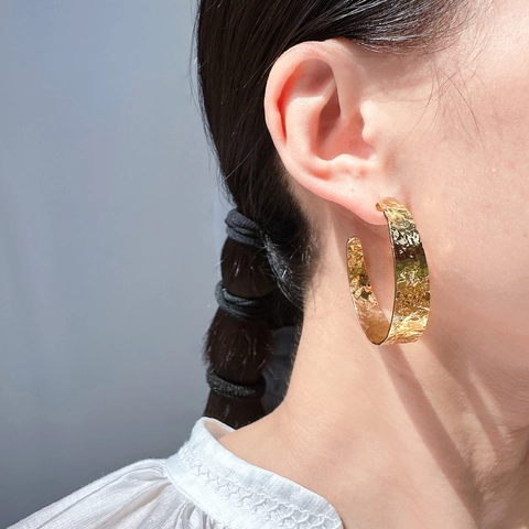 Vintage C Shape Hoop Earrings Brass Hammered Texture With 925 Sterling Silver Earring Post Gold Plated For Women