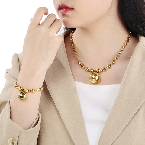 Joyas De Acero Inoxidable Collar Y Pulsera Gran Colgante De Bola Cadena De Cuentas Redondas Para Mujeres Moda Minimalista