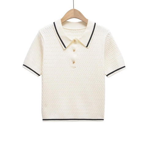 Dames Gebreid Poloshirt Korte Mouwen Contrast Bies Kabeltextuur Retro Reverskraag Polyester Top