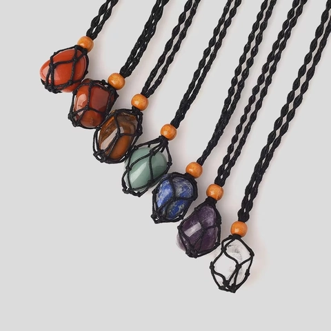 Handmade Woven Net Pouch Necklace Natural Raw Stone Healing Crystal Bohemian Style Wooden Bead Adjustable Macrame Cord