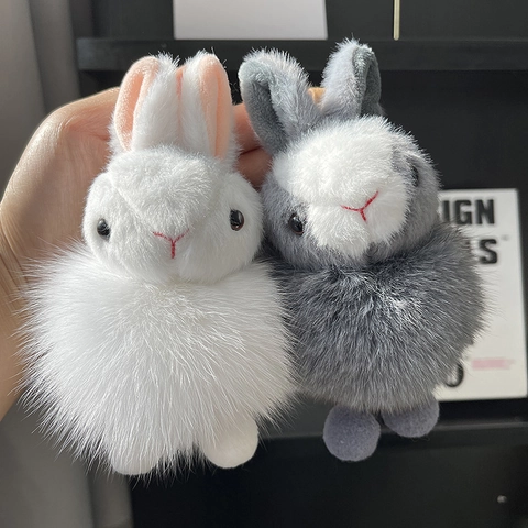 Fluffy Rabbit Keychain Real Fox Fur Pom-pom Bag Charm Cute Animal Pendant Plush Toy For Women Girls Gift