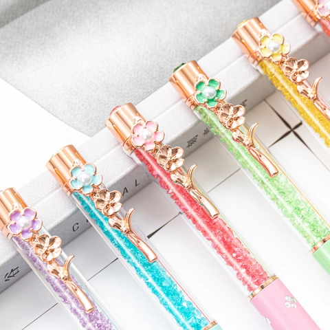 Elegant Ballpoint Pen Crystal Rhinestone Filled Metal Flower Artificial Pearl Clip Rose Gold Luxury Office Writing Stationery Gift