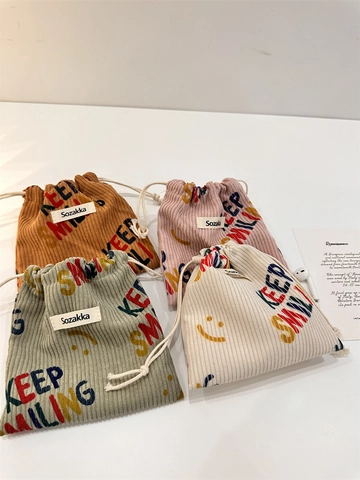 Drawstring Storage Pouch Corduroy Small Jewelry Organizer Bag Smile Letter Print Portable Dustproof For Travel Daily Use