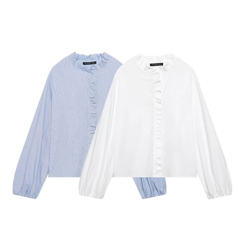 Women Blouse Ruffle Stand Collar Long Puff Sleeve Elegant Striped Solid Polyester Office Shirt Top For Lady