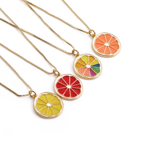 Fruchtscheiben Anhänger Halskette Gold Vergoldetes Kupfer Orange Zitrone Emaille Boxkette Sommer Schmuck Für Damen