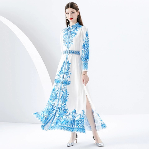 Dames Maxi Jurk In Retro Paleisstijl Blauw Witte Bloemenprint Revers Lantaarnmouwen Elegante Vintage Jurk Met Lange Mouwen En Riem