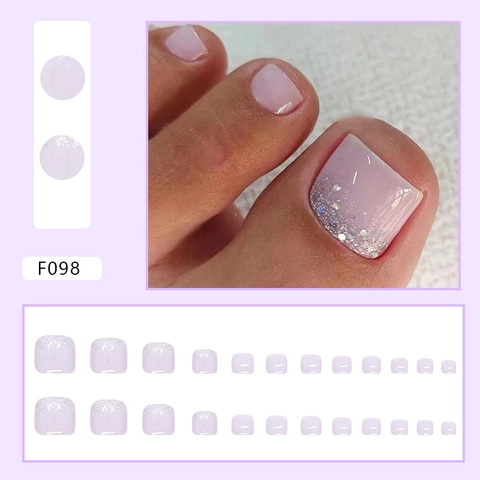 Faux Ongles Pieds Lavande Violet Argent Paillettes Dégradé Court Carré Pour Femmes Décoration Pied Été
