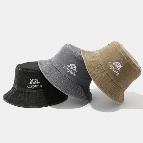 Vintage Washed Cotton Bucket Hat Captain Rudder Embroidery Nautical Fisherman Cap Sunshade Accessory For Unisex