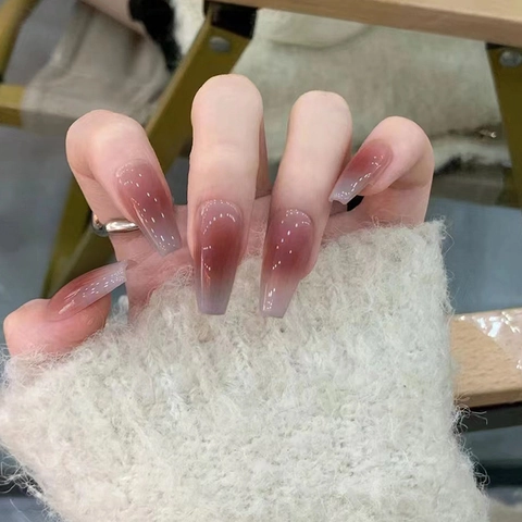 Uñas Postizas Largas Ataúd Ombre Degradado Patrón Mármol Brillante Cobertura Completa Uñas Artificiales Para Mujeres Arte De Dedos