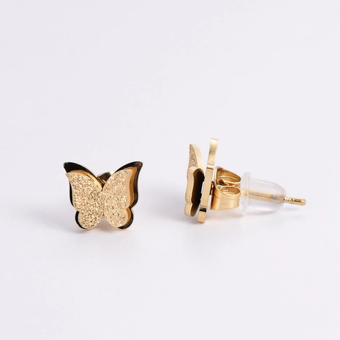 Butterfly Stud Earrings 304 Stainless Steel Frosted Matte Double Layer Gold Plated Minimalist Cute Jewelry For Women