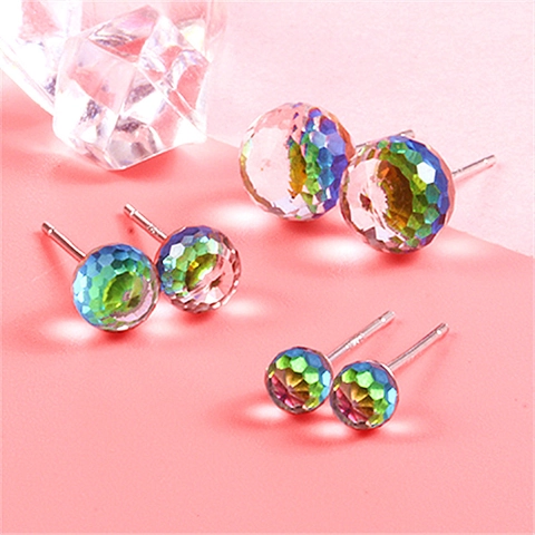 Faceted Round Crystal Ball Stud Earrings With 925 Sterling Silver Earring Post Colorful Gradient Jewelry For Women