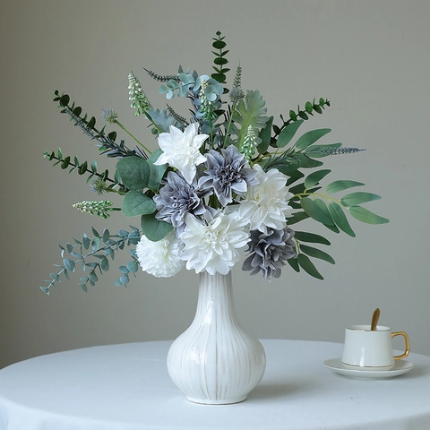 Artificial Dahlia Bouquet Satin Flowers With Eucalyptus Leaves For Home Table Centerpiece Wedding Decoration
