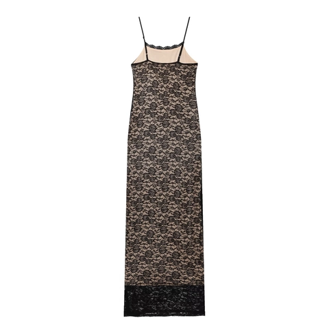 Abito Lungo Sexy In Pizzo Nero Da Donna Vestibilità Aderente Bodycon Sera Con Bordo Festonato