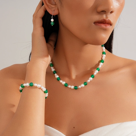 Collana Bracciale Orecchini Con Künstliche Perle Imitazione E Agata Verde Per Donna Stile Retrò Elegante Accessori Rame
