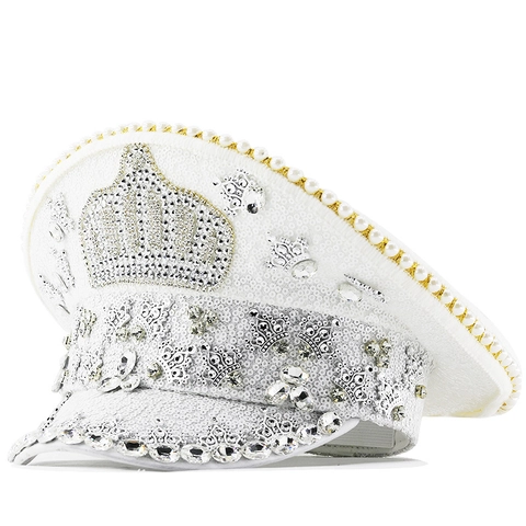 Cappello Da Capitano Con Paillettes Bianche Corona Di Strass E Künstliche Perle Per Party Festival Performance Carnevale