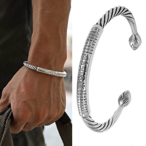 Vintage Chinese Six Character Mantra Open Cuff Bracelet Zinc Alloy Silver Color Lotus Design Ethnic Style Jewelry For Men