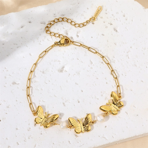 Stainless Steel Bracelet Women Gold Plated Snake Chain Butterfly Flower Charms Elegant Sweet Jewelry