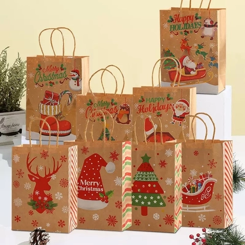 Christmas Gift Bags Kraft Paper With Handles For Party Favors Santa Reindeer Snowman Holiday Candy Packaging Treats