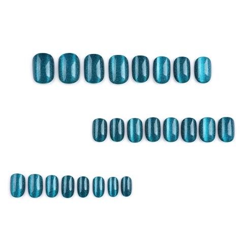 Press On Nails Short Round Square Retro Emerald Green Cat Eye Magnetic Glitter Shimmer Artificial Finger Nails