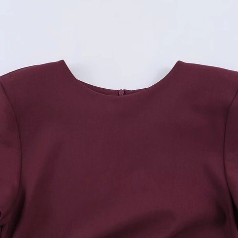 Women Fashion Wine Red Round Neck Short Sleeve Ruched Mini Dress With Bubble Hem Casual Slim Fit Polyester Elegant Dress